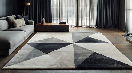 A contemporary rug with a geometric pattern or plush texture, adding warmth and visual appeal to the modern bedroom decor, captured in stunning high definition. 