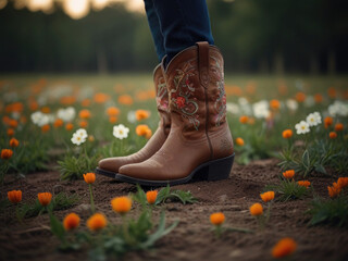 Female feet in cowboy boots on a field with flowers at sunset.