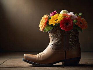 Bouquet of flowers in a brown cowboy boot on a wooden floor