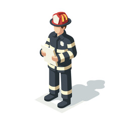 Firefighter Man Isometric Minimal Cute Character, Wearing Headphones and Hold Game Controller, Cartoon Clipart Vector illustration, isolated on White background