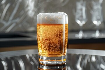 Glass of beer on table in bar, closeup,  Alcohol drink