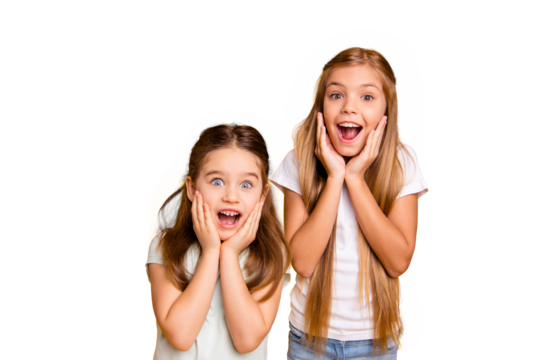 Portrait of two nice crazy adorable winsome sweet attractive lovely pretty cheerful cheery straight-haired girls omg facial expression isolated over bright vivid shine yellow background