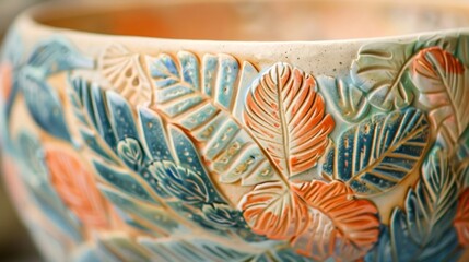 Fototapeta premium Closeup of a ceramic bowl adorned with intricate patterns of leaves and flowers symbolizing the artists use of their craft to highlight the peaceful coexistence between humans and .