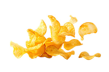 Naklejka premium Dynamic image of crispy golden potato chips in air isolated on transparent background