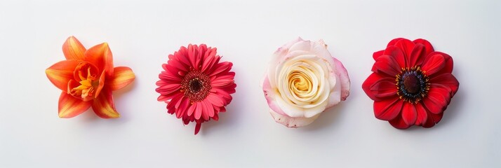 A Vibrant Collection Of Various Colorful Meadow Flowers Arranged on a White Background. Presenting unique shapes and colors, meticulously arranged to highlight their natural beauty.