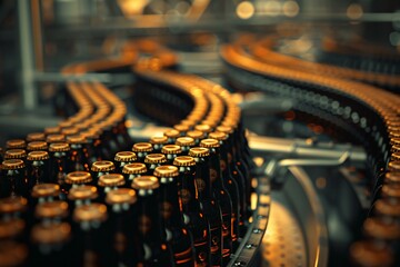 Bottles of beer on conveyor belt in factory, closeup