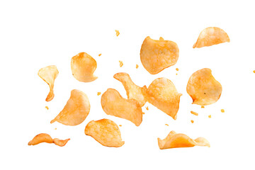 Dynamic image of crispy golden potato chips in air isolated on transparent background