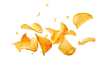 Fototapeta premium Dynamic image of crispy golden potato chips in air isolated on transparent background