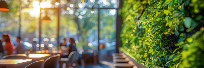 People dine in a beautiful cafe in vertical landscaping and with huge full-length windows, modern interior and new furniture. The concept of ecology and conservation of natural resources. The banner