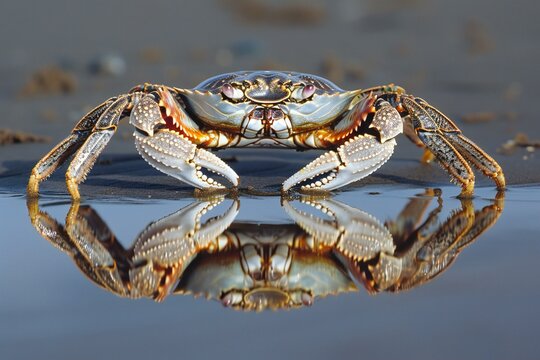 Crab on the beach with reflection in water, close-up