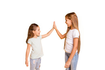 Profile side view portrait of two nice cute attractive lovely pretty cheerful cheery positive straight-haired girls cool great news clapping palms isolated over bright vivid shine yellow background