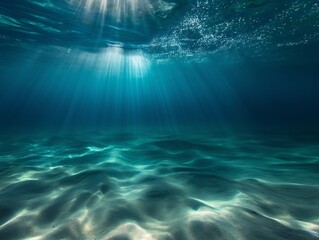 Sunbeams penetrate the clear blue waters, illuminating the sandy ocean floor in a tranquil underwater scene. - obrazy, fototapety, plakaty
