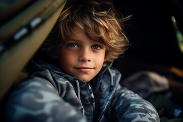 Family leisure weekend vacation on camping tent in wild nature relaxation Generative AI technology illustration