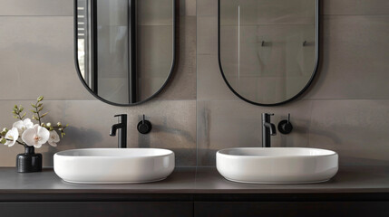 Close up of double basin with oval mirror hanging 