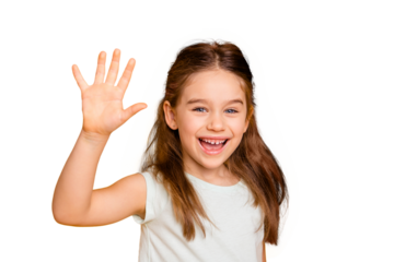 Portrait of her she nice-looking cute attractive lovely pretty cheerful cheery positive pre-teen girl waving hi hello greetings I'm here isolated over bright vivid shine yellow background