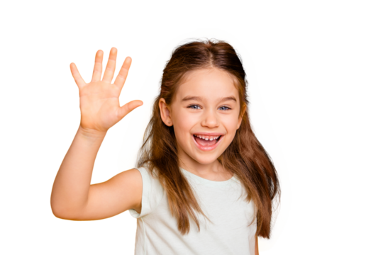 Portrait of her she nice-looking cute attractive lovely pretty cheerful cheery positive pre-teen girl waving hi hello greetings I'm here isolated over bright vivid shine yellow background