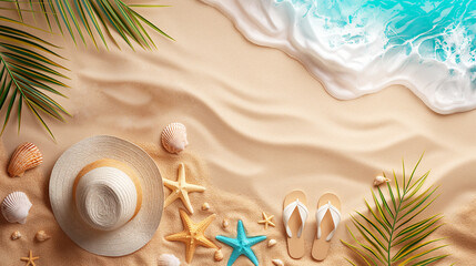 Beach with golden sand and blue sea with hat, starfish and seashells