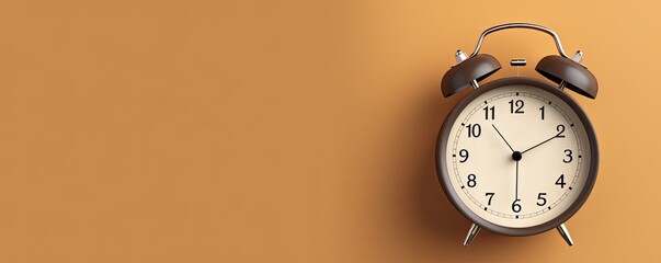 alarm clock on brown background Minimalistic flat lay,with copy space for photo text or product, blank empty copyspace banner about time management and selfamplement concept. 