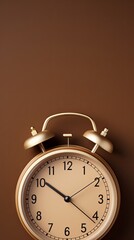 alarm clock on brown background Minimalistic flat lay,with copy space for photo text or product, blank empty copyspace banner about time management and selfamplement concept. 