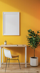 A modern desk with sleek lines sits against a background of lemon-yellow walls, accented by a lone plant and an empty white frame hinting at endless possibilities.