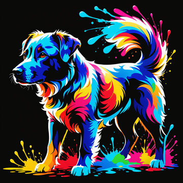 A black dog sits against a black background with colorful splatters of paint.