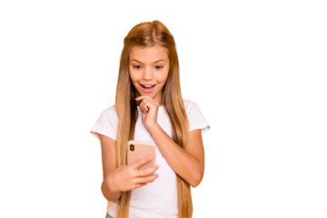 Portrait of her she nice-looking cute attractive lovely winsome cheerful cheery positive girlish pre-teen girl holding cell in hands isolated over bright vivid shine yellow background