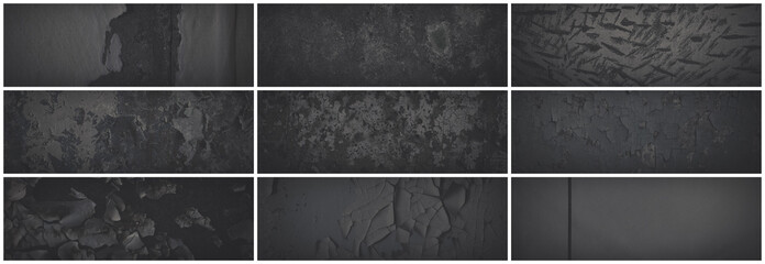 Set of dark panoramic background textures. Collection of wide textures with peeling paint, cracks, scratches, noise and grain. Faded rough surfaces of old walls. Bundle of gray backgrounds for design. - 791431545