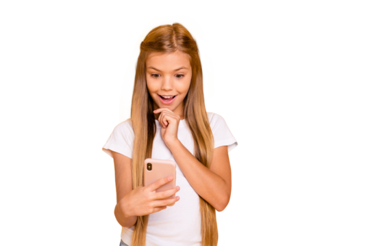 Portrait of her she nice-looking cute attractive lovely winsome cheerful cheery positive girlish pre-teen girl holding cell in hands isolated over bright vivid shine yellow background - Powered by Adobe