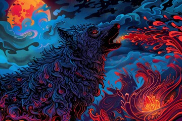 Illustration of a wolf with fire and moon in the background