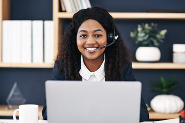 Black woman, headset and consultant in portrait, laptop and call centre operator in office. Female...