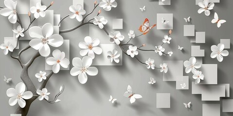 3d mural wallpaper with gray background and flower , squares , butterfly and tree modern simple background. visually expand the space in a small room, Generative AI