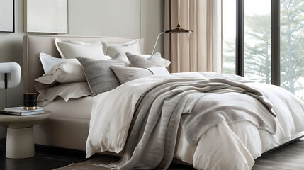A luxurious bedding ensemble with high thread count sheets and plush throw blankets, arranged atop a modern platform bed, inviting rest and relaxation in the contemporary bedroom oasis.