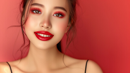 Beautiful young asian chinese / japanese super model wearing makeup with copy space for text.