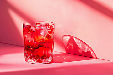 Vibrant pomegranate cocktail or mocktail in cut-glass tumbler, illuminated by dynamic pink hues, evoking festive and refreshing mood