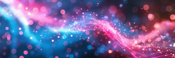 Vibrant wave of light particles in pink and blue, exuding energy and movement in an abstract form - obrazy, fototapety, plakaty