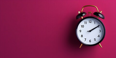 alarm clock on magenta background Minimalistic flat lay,with copy space for photo text or product, blank empty copyspace banner about time management and selfamplement concept. 