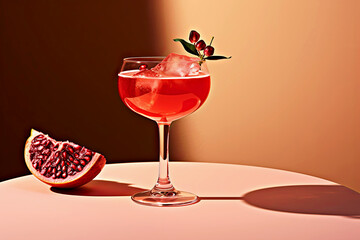Exquisite pomegranate cocktail or mocktail adorned with garnet seeds, served in classic stem glass against warm, golden backdrop, perfect for sophisticated soirees
