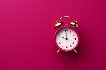 alarm clock on magenta background Minimalistic flat lay,with copy space for photo text or product, blank empty copyspace banner about time management and selfamplement concept.  - obrazy, fototapety, plakaty