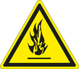 Panneau triangulaire sur fond jaune et bordure noire: danger de substances inflammables	 - obrazy, fototapety, plakaty