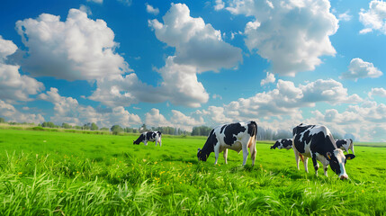 Holstein cows graze peacefully on a lush green field, with fluffy clouds above in a bright blue sky.
