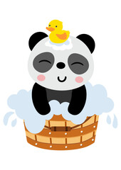 Cute panda taking a bath in wooden tub