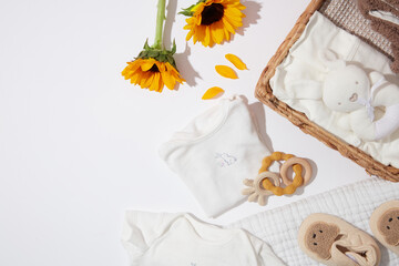 Different baby products and accessories neatly arranged on white background. Top view photo with empty space for adding text or displaying products for baby