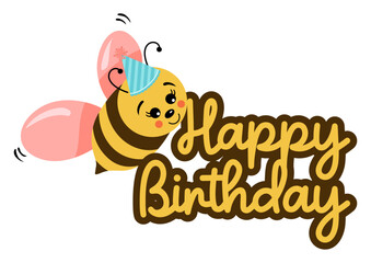 Naklejka premium Cute happy birthday bee text