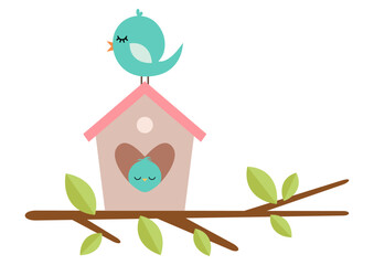 Mom bird and little bird on cage - 791433399