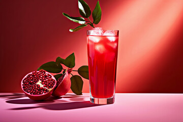 Tall glass of fresh delicious pomegranate juice against crimson backdrop, epitomizing vibrant health and summer zest. Pomegranate cocktail or mocktail with ice cubes