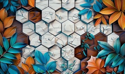 3D mural on wooden oak, white lattice tiles, vibrant turquoise, blue leaves, brown hues, colorful hexagon pattern, floral background, Generative AI
