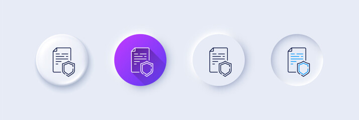 Data security line icon. Neumorphic, Purple gradient, 3d pin buttons. Privacy document sign. Defense shield symbol. Line icons. Neumorphic buttons with outline signs. Vector