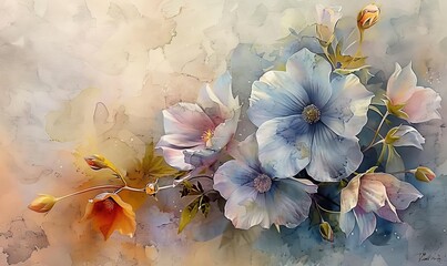 Flowers in a watercolor style. Drawn on a textured background in pastel colors, fit the photo wallpaper into rooms or home interiors. 3D render, Generative AI