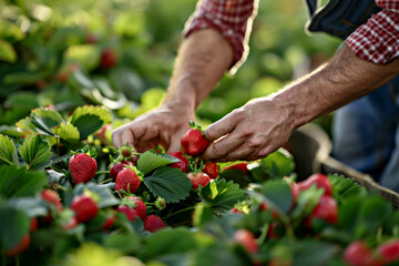 Farmer's hands delicately picking ripe red strawberries from lush green plants in golden hour, depicting essence of sustainable agriculture and freshness of farm produce. Locally grown