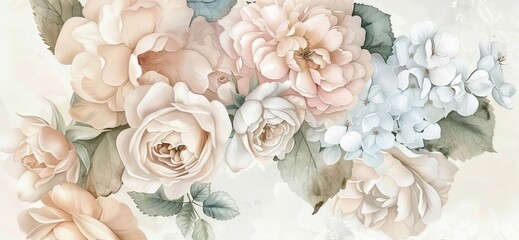 Floral art, tropical design, luxury wallpaper, 3d illustration, watercolor background. Delicate hydrangea, rose flowers in beige, pink, white pastel. Premium mural, digital paper, Generative AI